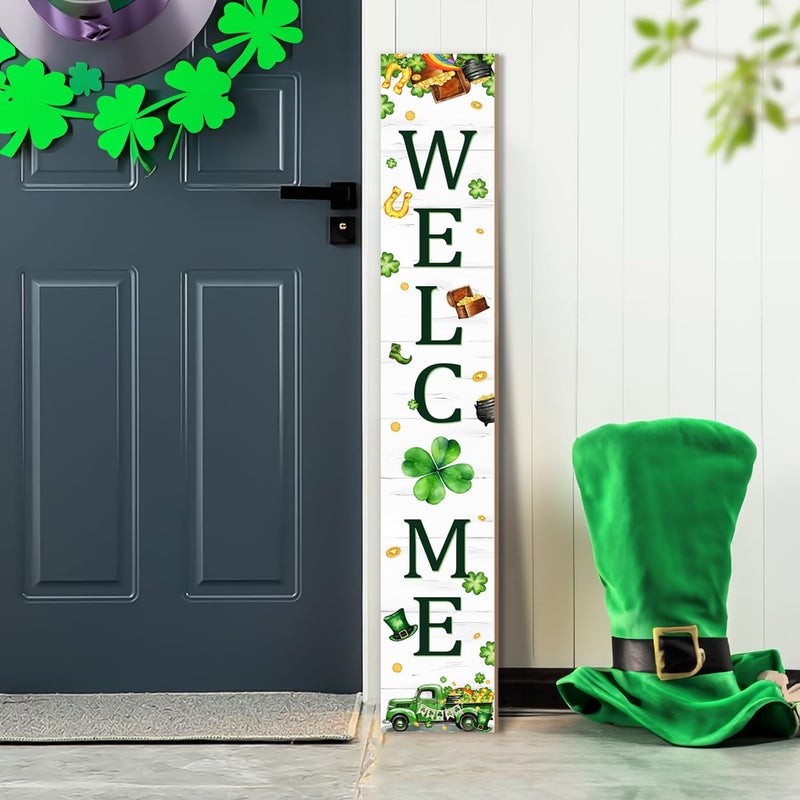 Seimip St. Patrick's Day Porch Sign Saint Patrick Wooden Welcome Sign For Front Door Shamrock Clover Home Decoration Vertical Sign For Patio Porch Standing Yard Sign for Indoor Outdoor Garden Wall - Image 3